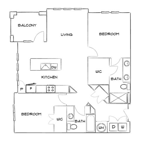 Contemporary 2D floor plan featuring 2 bedrooms, a spacious living area, modern kitchen, 2 baths, and a charming balcony.