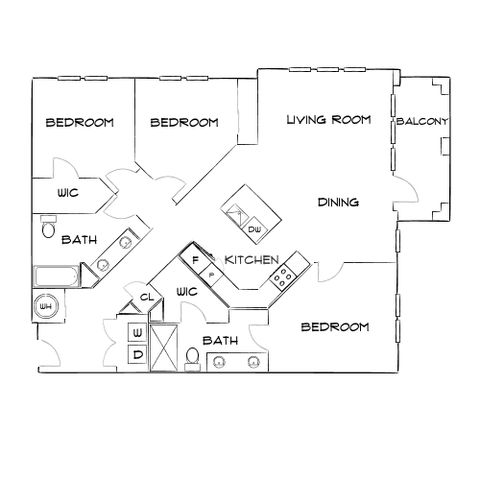 Elegant floor plan showcasing three bedrooms, a modern kitchen with island, spacious living and dining areas, two bathrooms, and a charming balcony.
