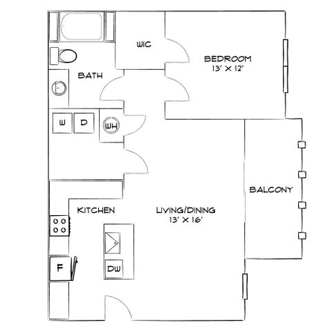 Modern apartment floor plan featuring one bedroom, open kitchen, combined living and dining area, and a private balcony.
