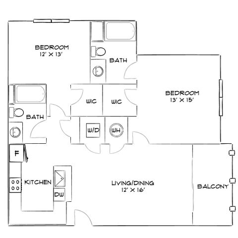 Charming floor plan showcasing 2 bedrooms, 2 bathrooms, a modern kitchen, and a spacious living/dining area with access to a balcony.