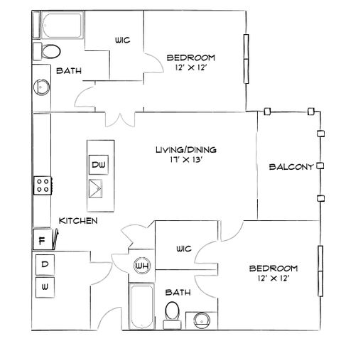 Modern floor plan with 2 bedrooms, open living/dining area, sleek kitchen, and spacious balcony.