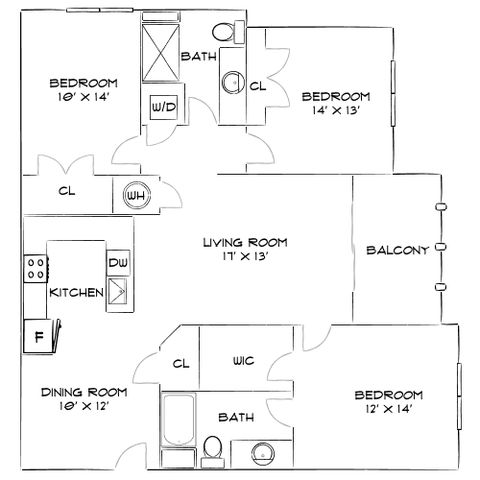 Charming floor plan showcasing 3 spacious bedrooms, a cozy living room with a balcony, modern kitchen, and two elegant bathrooms.