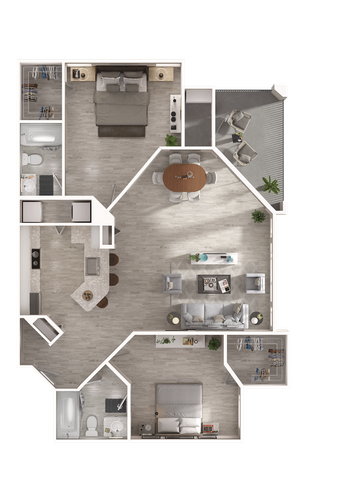Contemporary floor plan showcasing two bedrooms, elegant open-concept living and dining area, and modern kitchen with breakfast bar.