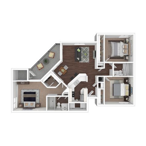 Elegant floor plan showcasing three bedrooms, a stylish open living space, and a modern kitchen with a cozy balcony view.