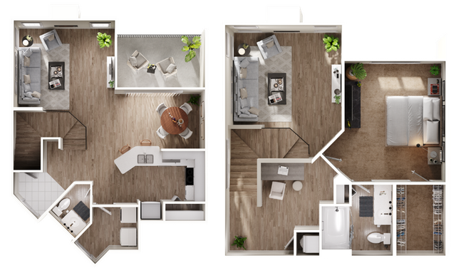 Modern two-story floor plan featuring a spacious living room, dining area, kitchen, and bedroom with private balcony.