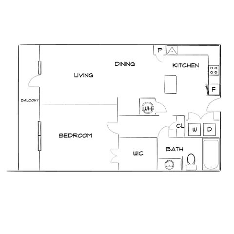Modern floor plan featuring a spacious 1-bedroom, open living and dining area, kitchen with appliances, full bath, and balcony access.