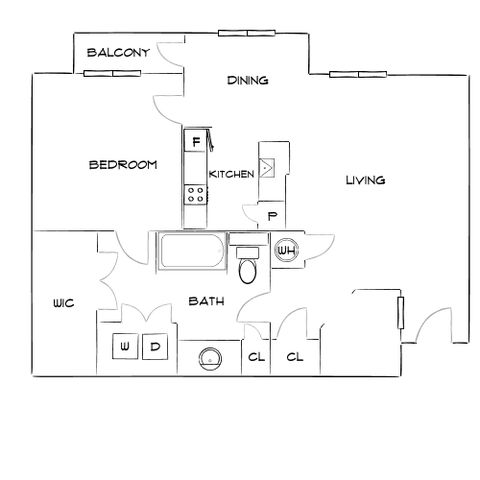 Contemporary floor plan showcasing a spacious bedroom, open kitchen, dining area, and living space with access to a balcony.