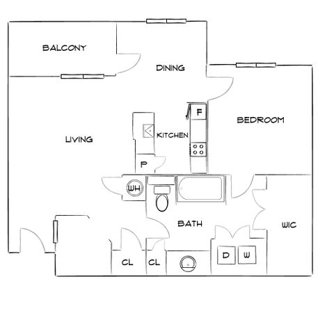 Spacious floor plan featuring a bedroom, modern kitchen, dining area, and living room leading to a balcony.