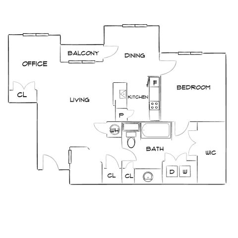 Spacious floor plan featuring 1 bedroom, a dedicated office, open living and dining areas, with a balcony, ideal for modern living.