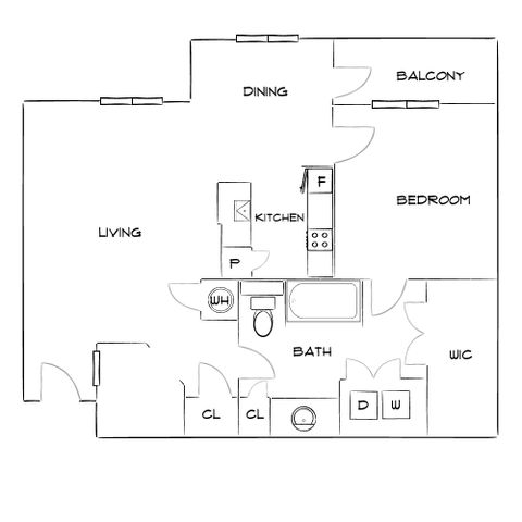Modern floor plan featuring a spacious living area, elegant kitchen, dining space, and balcony alongside a cozy bedroom with walk-in closet.
