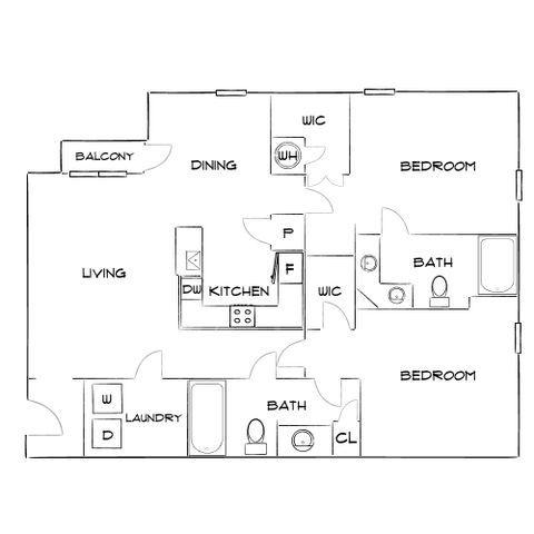 Modern floor plan featuring 2 bedrooms, 2 baths, open-concept living and dining area, kitchen, balcony, and laundry space.