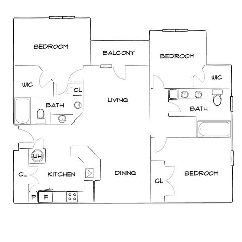Modern floor plan showcasing 3 bedrooms, dual bathrooms, an open living and dining area, and a chic kitchen with balcony access.