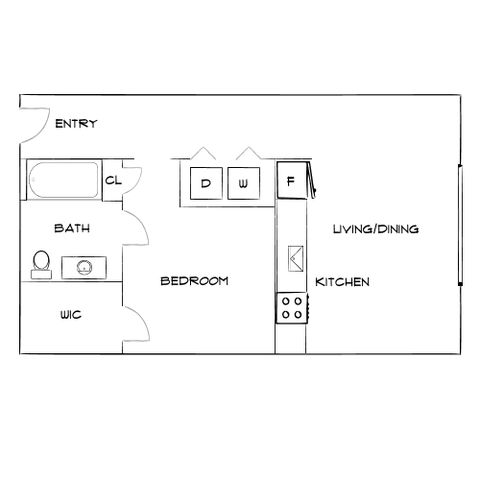 Chic floor plan showcasing a 1-bedroom apartment with an efficient layout featuring a cozy living/dining area, modern kitchen, and stylish bath.