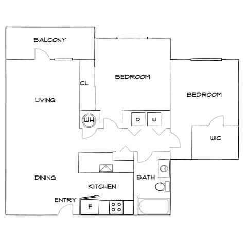Modern floor plan featuring 2 bedrooms with walk-in closet, an inviting living area with balcony, and a sleek kitchen adjacent to dining space.