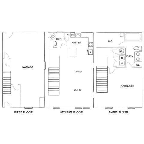 Elegant 3-story townhouse floor plan featuring a spacious garage on the first floor, open-concept living and dining areas with a modern kitchen on the second floor, and a luxurious bedroom suite with a walk-in closet on the third floor.
