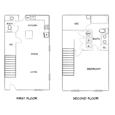 Modern two-story floor plan with a spacious living and dining area, open kitchen, and convenient bath on the first floor. Second floor features a large bedroom, additional bath, and ample storage space.