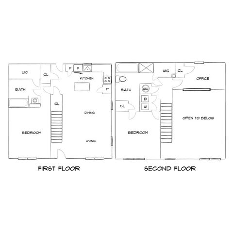 Elegant two-story floor plan featuring 2 bedrooms, an open living and dining area, and a dedicated office space. Modern kitchen and bathrooms add to the comfort on both floors.