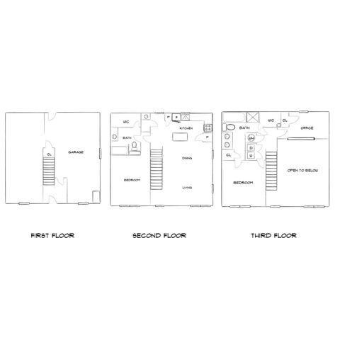 Chic multi-level floor plan with a garage, spacious living and dining area, two bedrooms, an office, and modern kitchen facilities.