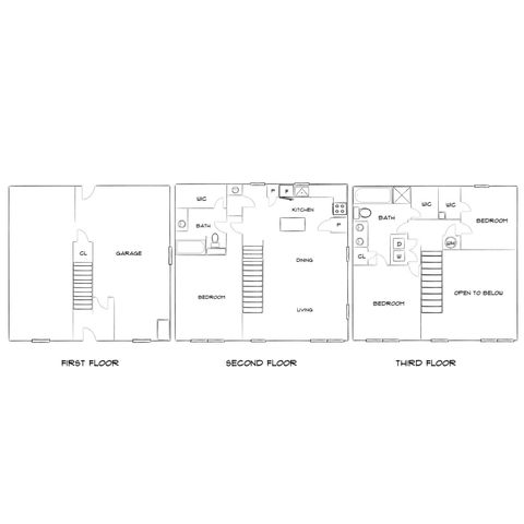 Expansive three-story floor plan featuring a garage, spacious living and dining area, modern kitchen, and two elegant bedrooms with ensuite baths.
