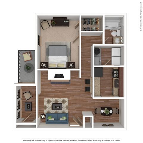 Contemporary 2D floor plan with a spacious bedroom, elegant bathroom, open living area, and modern kitchen, complemented by a cozy balcony space.