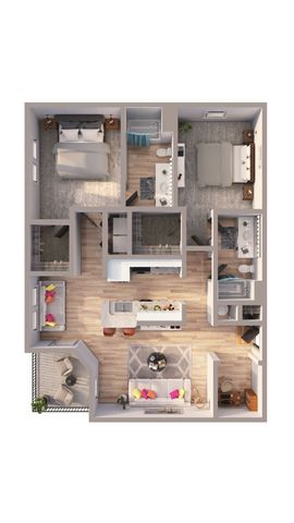 Modern 3D floor plan featuring two spacious bedrooms, elegant open-concept living and dining area, sleek kitchen with island, two contemporary bathrooms, and cozy balcony space.