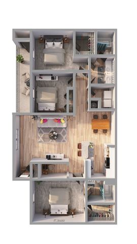 Elegant floor plan showcasing 3 bedrooms, open living and dining area, with a modern kitchen. Perfect for stylish urban living.