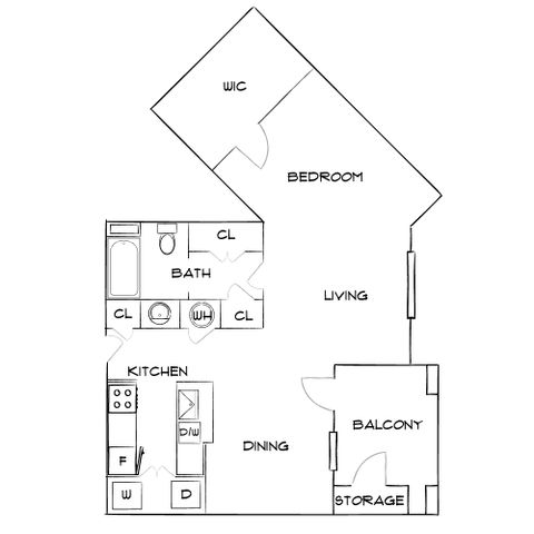 Modern floor plan showcasing a stylish 1-bedroom layout with a walk-in closet, open living and dining area, kitchen, bathroom, and balcony with storage.