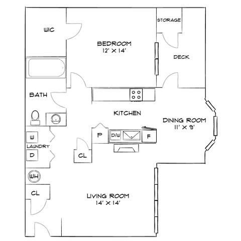 Charming floor plan featuring a spacious bedroom with walk-in closet, an elegant living room, open kitchen, and a cozy dining room adjacent to a private deck.