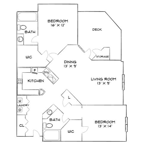 Inviting floor plan showcasing 2 spacious bedrooms, an elegant living room, modern kitchen, and a cozy dining area with access to a deck.