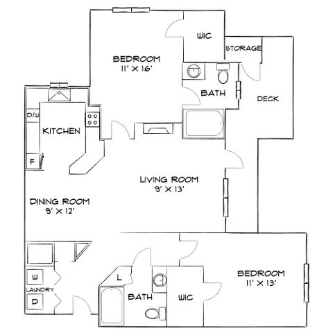Elegant floor plan showcasing a spacious 2-bedroom, 2-bathroom layout with a generous living room, dining area, and modern kitchen. Includes laundry area, walk-in closets, and a deck for outdoor enjoyment.