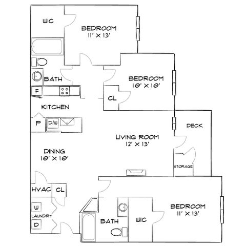 Inviting floor plan showcasing 3 spacious bedrooms, an open living room, modern kitchen, and private deck, perfect for comfortable living.