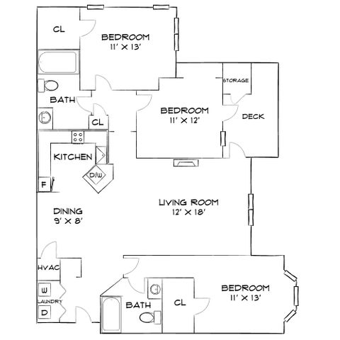Elegant floor plan showcasing 3 spacious bedrooms, an open kitchen, and a large living room with access to a deck.