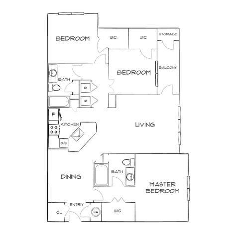 Elegant floor plan featuring 3 bedrooms, expansive living area, modern kitchen, and two baths, designed for spacious living.