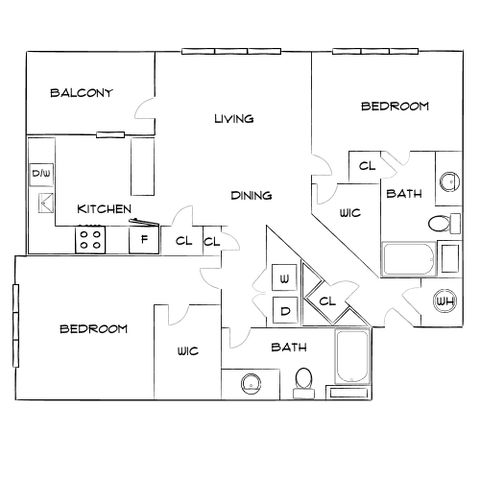 Inviting floor plan showcasing two spacious bedrooms, a modern kitchen with dining area, two bathrooms, and a balcony adjoining the living space.