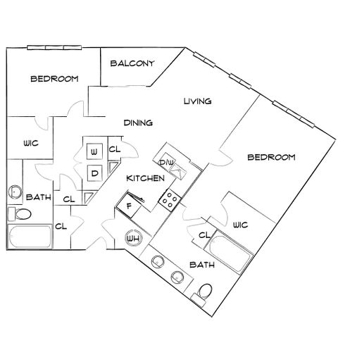 Inviting floor plan with two bedrooms, spacious living and dining areas, modern kitchen, and private balcony access. Includes two baths, ample closets, and convenient washer-dryer setup.
