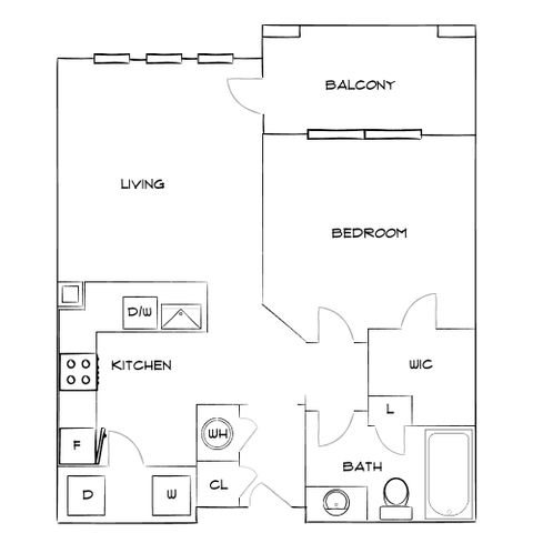Modern one-bedroom apartment floor plan with a spacious living area, full kitchen, private balcony, and walk-in closet.