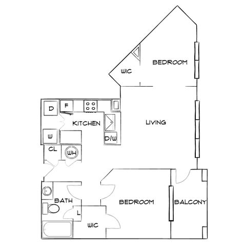 Charming floor plan featuring two bedrooms, spacious living area, modern kitchen, balcony, and two walk-in closets.