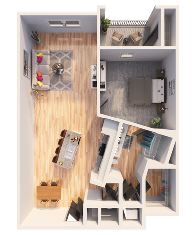 Contemporary floor plan showcasing 1 bedroom, open living area, modern kitchen, and balcony.