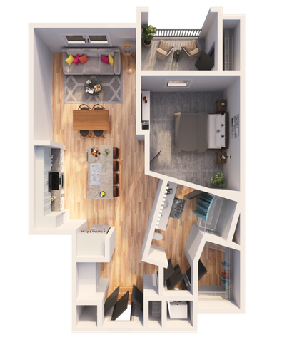 Modern floor plan displaying a one-bedroom apartment with an open living area, stylish kitchen, and private balcony.
