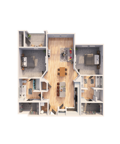 Intricate 3D floor plan featuring two bedrooms, a spacious living area, and a modern kitchen with island.