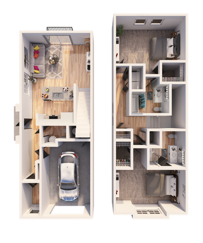 Elegant 3D floor plan of a duplex with a garage, open living area, and two spacious bedrooms.