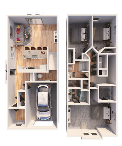Modern two-story floor plan with three bedrooms, stylish open-plan living area, and a convenient garage.