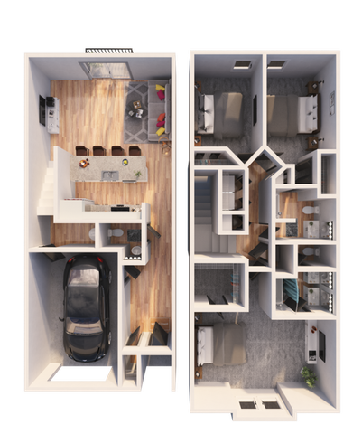 Modern 3D floor plan showcasing a stylish open-concept living area, sleek kitchen, and two cozy bedrooms, featuring a convenient garage and elegant hardwood floors.