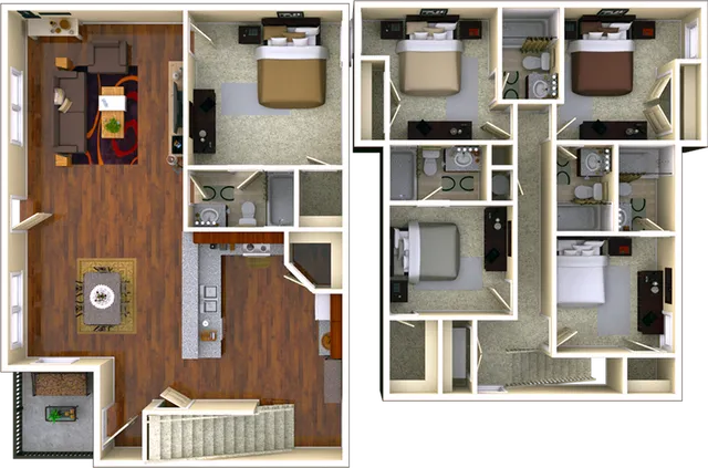 3D floor plan of a modern duplex featuring six bedrooms, elegant living areas, and a functional kitchen layout.