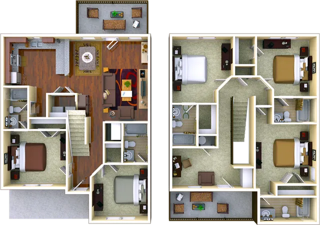 Spacious duplex floor plan showcasing 4 bedrooms, a modern kitchen, and expansive living areas.
