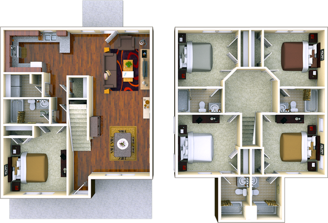Elegant 3D floor plan showcasing a two-level apartment with a spacious kitchen, living area, and five bedrooms.