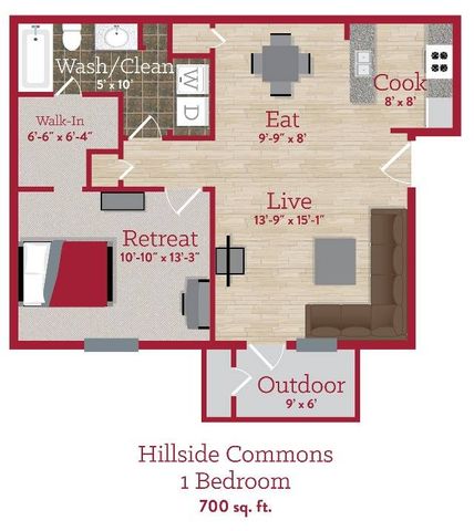 Hillside Commons 1 bedroom 1 bath floorplan