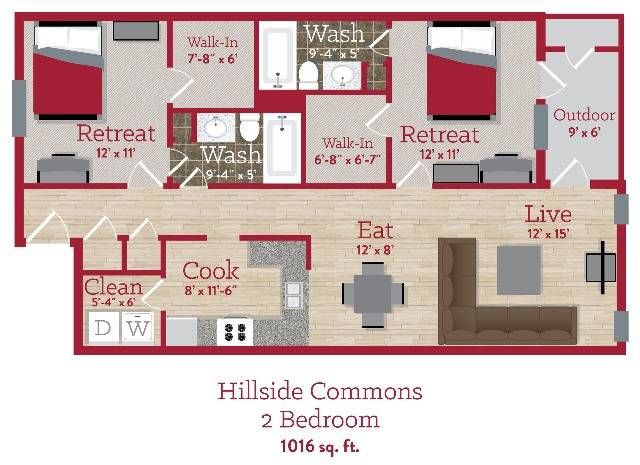 Hillside Commons 2 bedroom 2 bath floorplan
