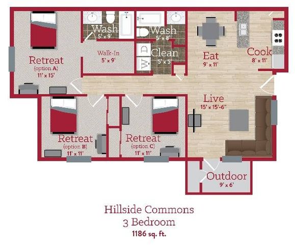 Hillside Commons 3 bedroom 2 bath floorplan