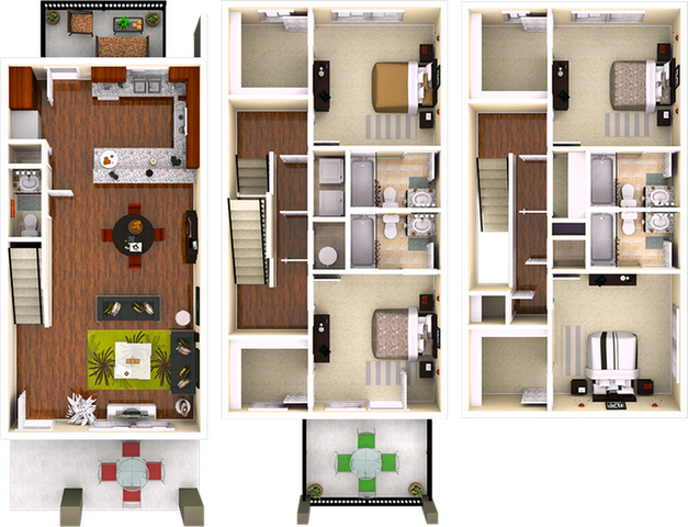 Modern multi-level floor plan showcasing an open-concept kitchen and dining area, three spacious bedrooms, multiple bathrooms, and stylish decor elements, perfect for family living.
